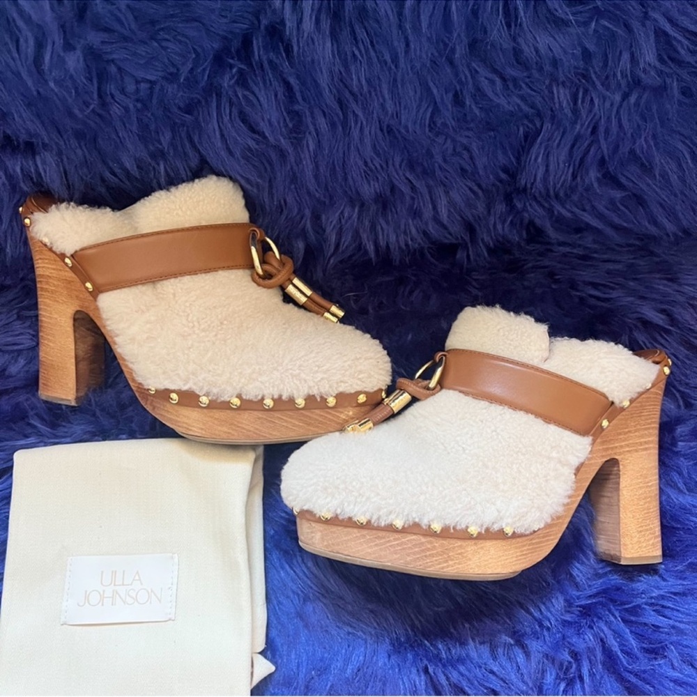 Ulla Johnson Cream and Brown Shearling Mules